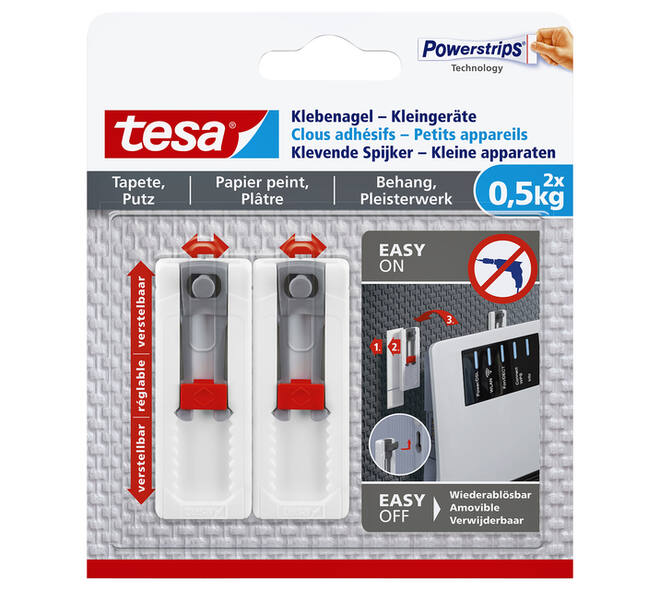 Klevende spijker tesa® kleine apparaten voor behang en pleisterwerk 0,5kg grijs-wit 2 stuks