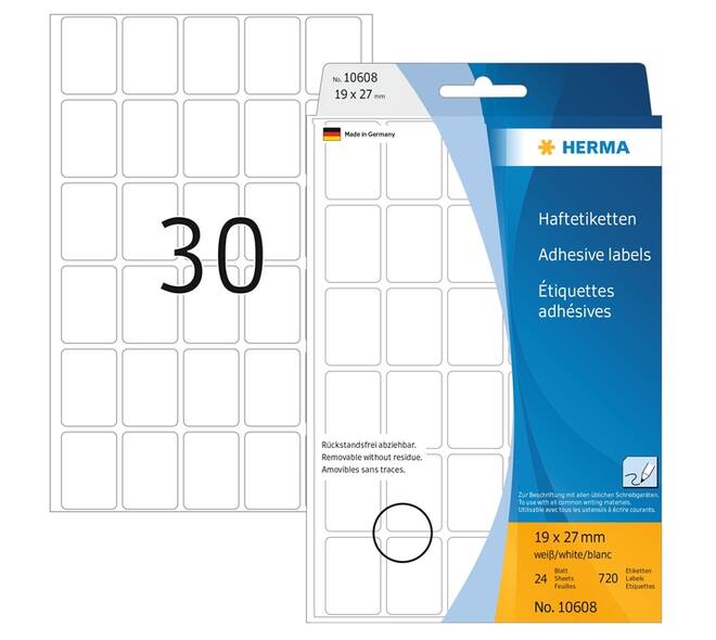 Etiket HERMA 10608 19x27mm verwijderbaar wit 720 stuks