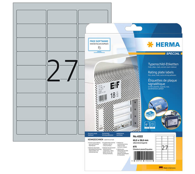Etiket HERMA 4222 63.5x29.6mm weerbestendig zilver 675 stuks