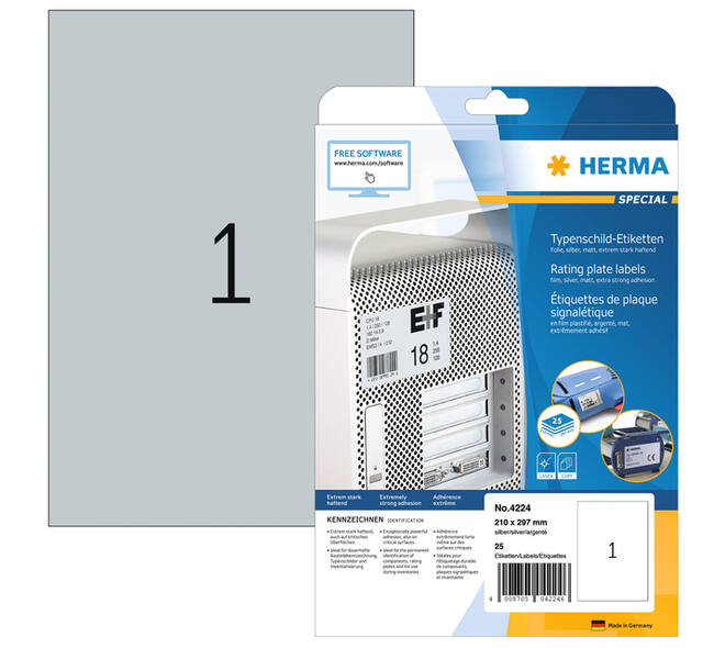 Etiket HERMA 4224 210x297mm weerbestendig zilver 25 stuks