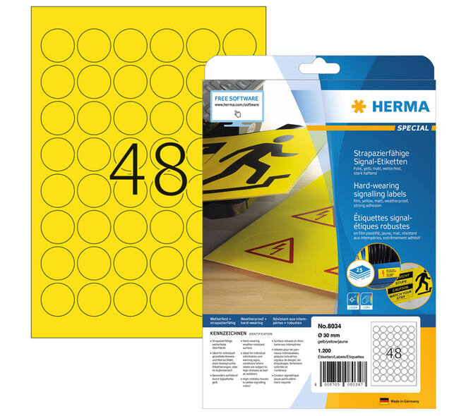 Etiket HERMA 8034 30mm rond weerbestendig geel 1200 stuks