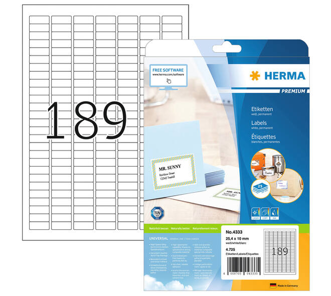 Etiket HERMA 4333 25.4x10mm A4 4725 stuks