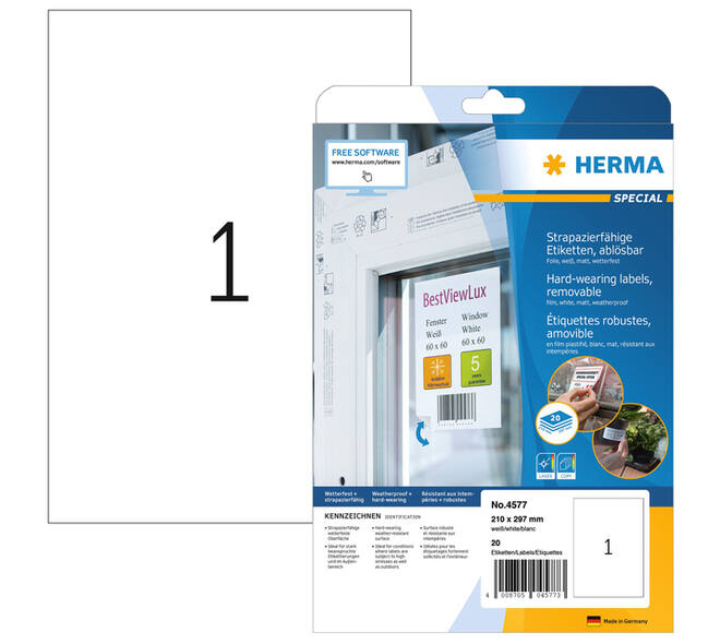 Etiket HERMA 4577 210x297mm folie wit 20 stuks