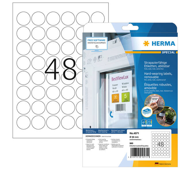 Etiket HERMA 4571 30mm rond folie wit 960 stuks