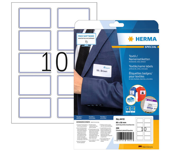 Naambadge etiket HERMA 4410 80x50mm wit/blauw 200 stuks