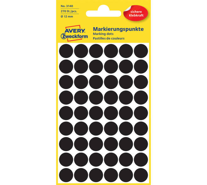 Etiket Avery 3140 rond 12mm zwart 270 stuks