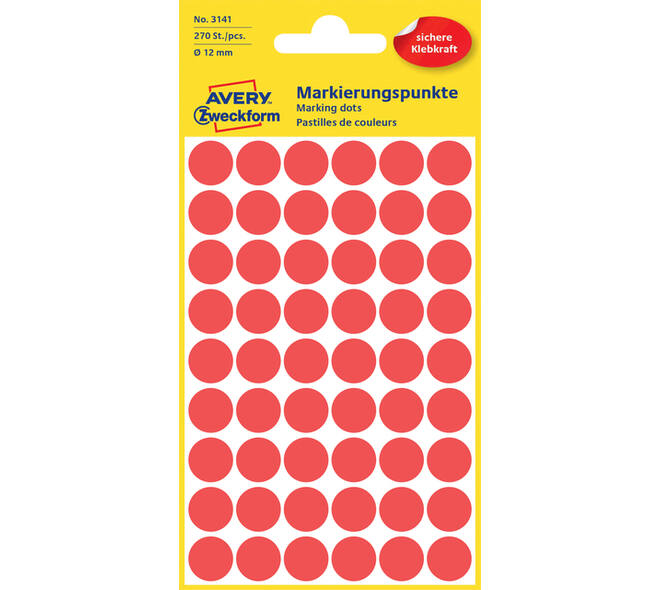 Etiket Avery 3141 rond 12mm rood 270 stuks