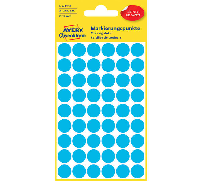 Etiket Avery 3142 rond 12mm blauw 270 stuks