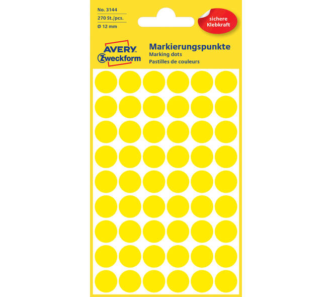 Etiket Avery 3144 rond 12mm geel 270 stuks