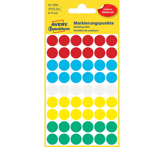 Etiket Avery 3088 rond 12mm assorti 270 stuks