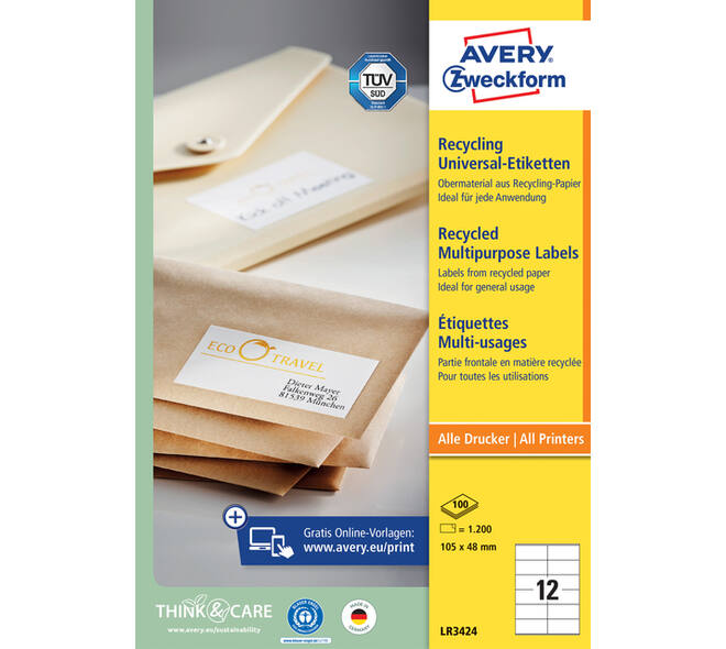 Etiket Avery LR3424 105x48mm recycled wit 1200 stuks