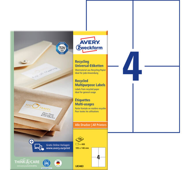 Etiket Avery LR3483 105x148mm recycled wit 400 stuks