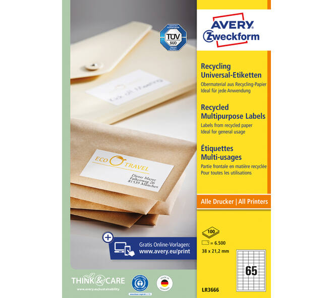 Etiket Avery LR3666 38x21.2mm recycled wit 6500 stuks