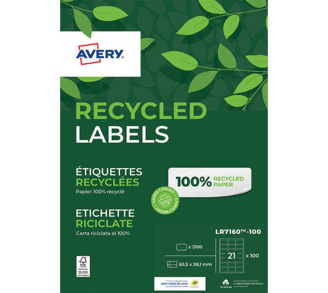 Etiket Avery LR7160-100 63.5x38.1mm recycled wit 2100 stuks