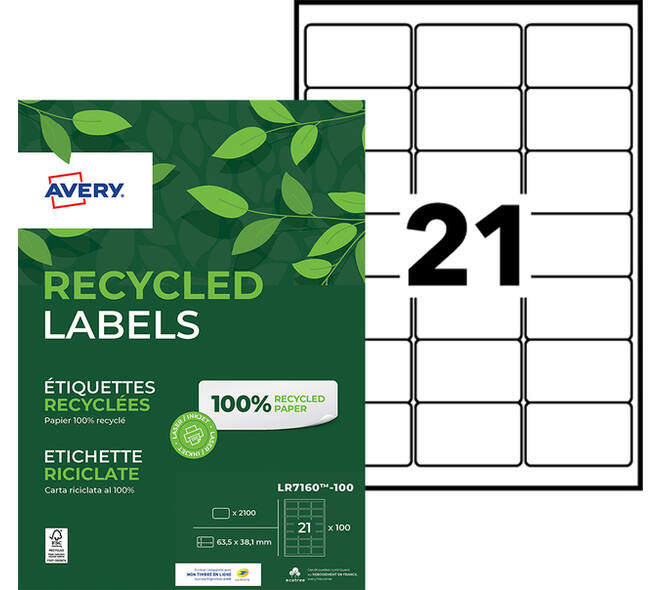 Etiket Avery LR7160-100 63.5x38.1mm recycled wit 2100 stuks