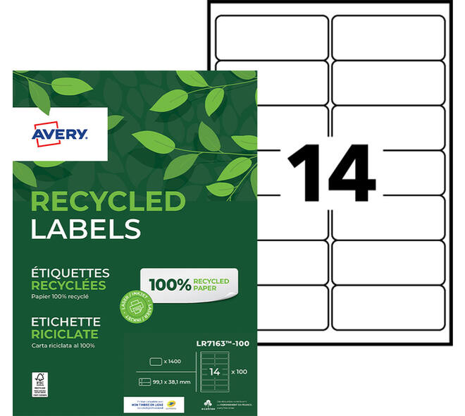 Etiket Avery LR7163-100 99.1x38.1mm recycled wit 1400 stuks