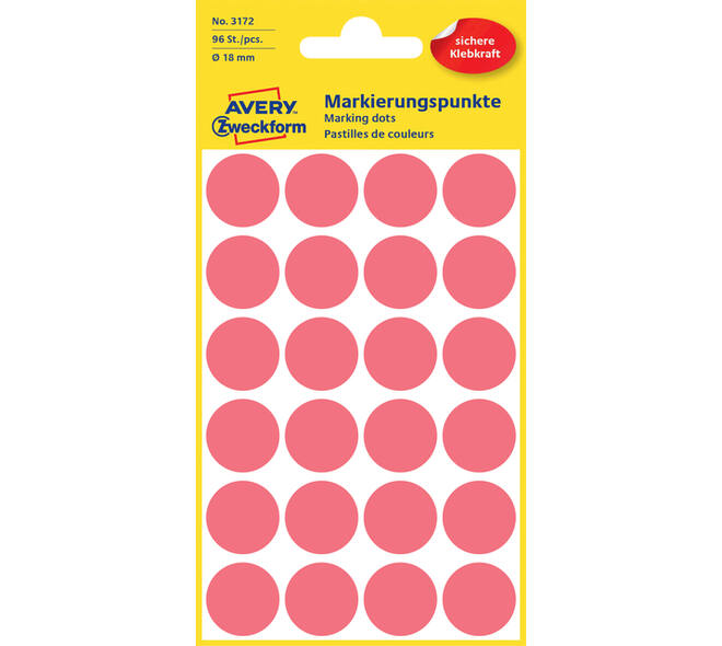 Etiket Avery 3172 rond 18mm lichtrood 96 stuks