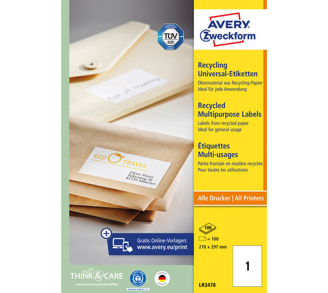 Etiket Avery LR3478 210x297mm A4 recycled wit 100 stuks