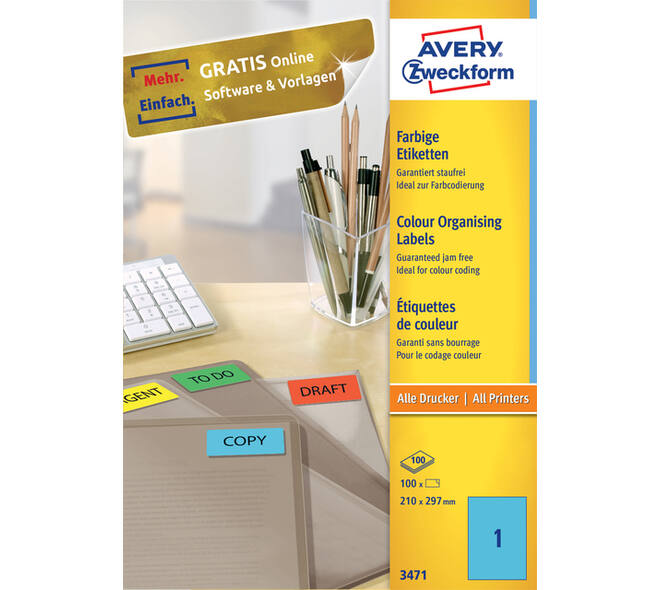 Etiket Avery 3471 210x297mm A4 blauw 100 stuks