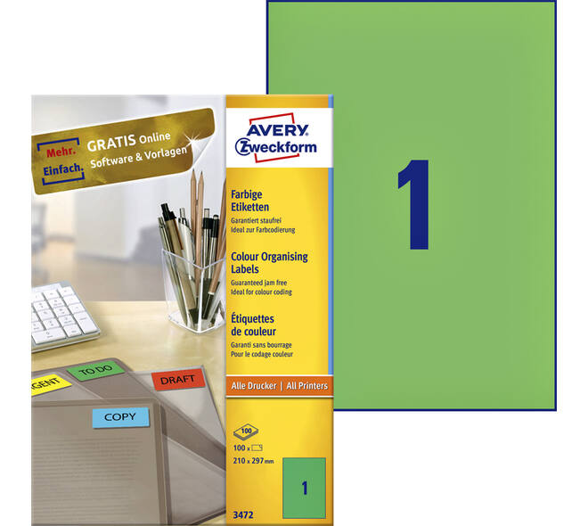 Etiket Avery 3472 210x297mm A4 groen 100 stuks