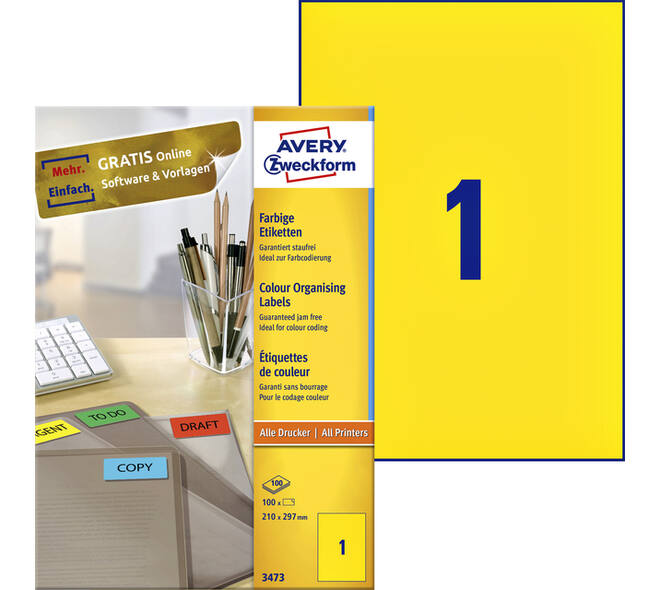 Etiket Avery 3473 210x297mm A4 geel 100 stuks