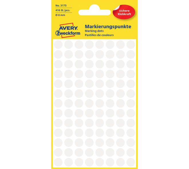 Etiket Avery 3175 rond 8mm wit 416 stuks