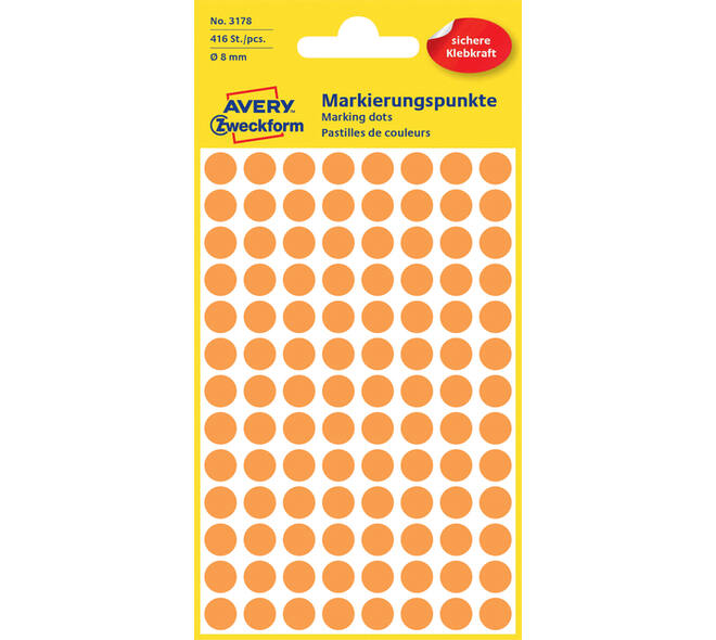 Etiket Avery 3178 rond 8mm oranje 416 stuks