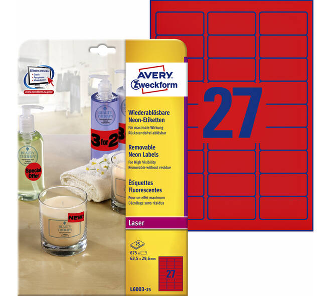 Etiket Avery L6003-25 63.5x29.6 neon rood 675 stuks