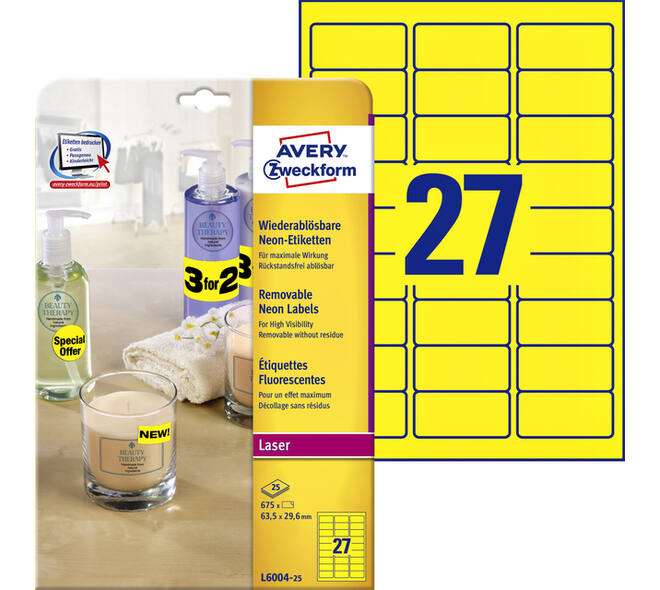 Etiket Avery L6004-25 63.5x29.6 neon geel 675 stuks