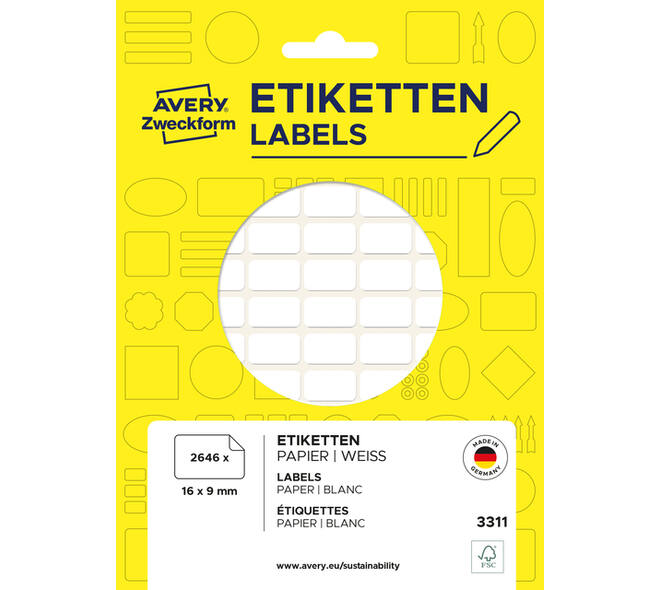 Etiket Avery 3311 16x9mm wit 2646 stuks