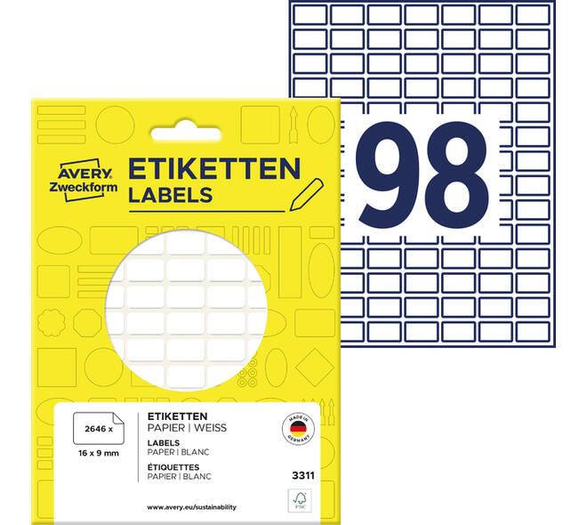 Etiket Avery 3311 16x9mm wit 2646 stuks