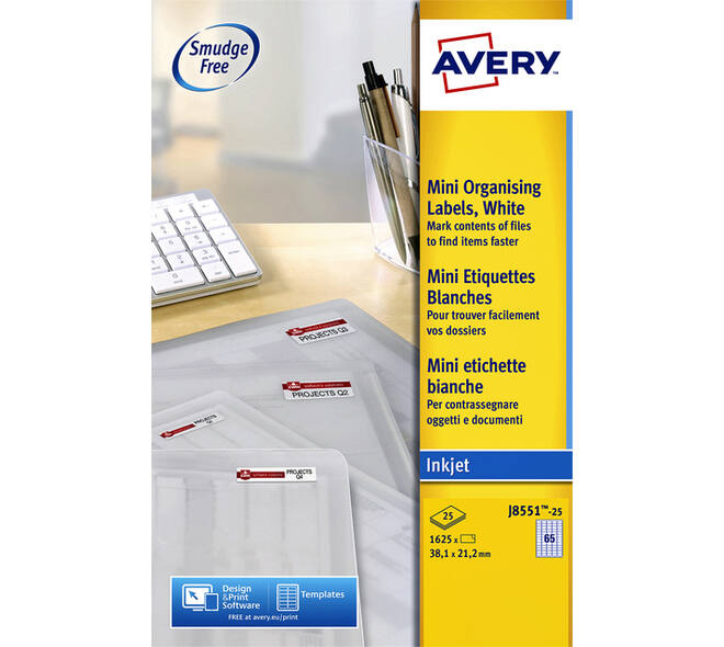 Etiket Avery J8551-25 38.1x21.2mm transparant 1625 stuks