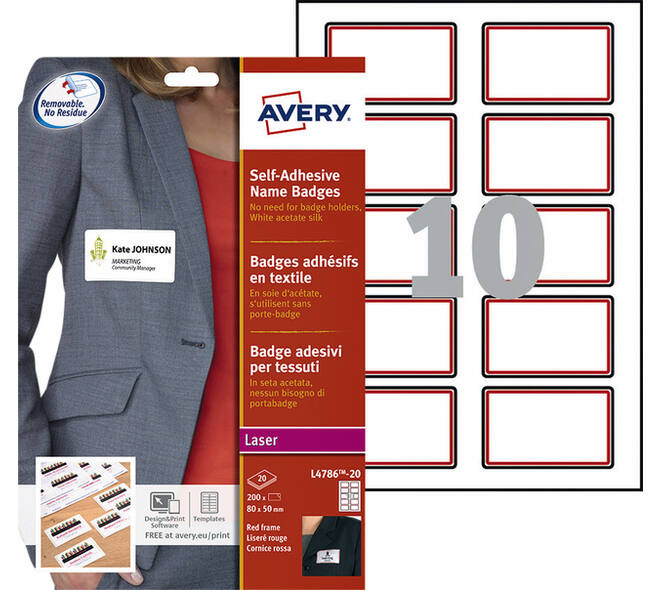 Naambadge etiket Avery L4786-20 80x50mm rood kader 200 stuks
