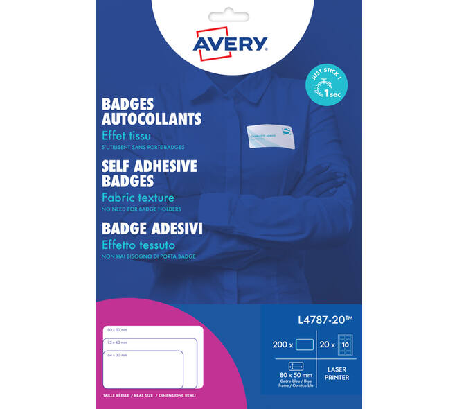 Naambadge etiket Avery L4787-20 80x50mm blauw kader 200 stuks