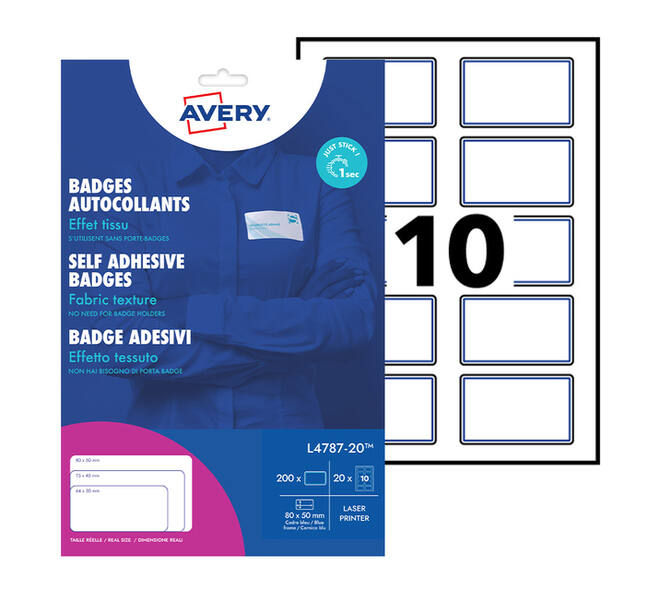 Naambadge etiket Avery L4787-20 80x50mm blauw kader 200 stuks