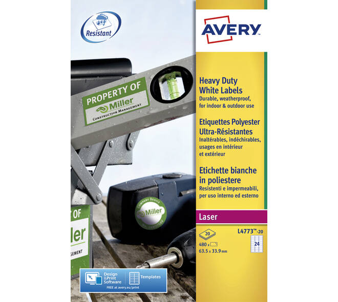 Etiket Avery L4773-20 63.5x33.9mm polyester wit 480 stuks