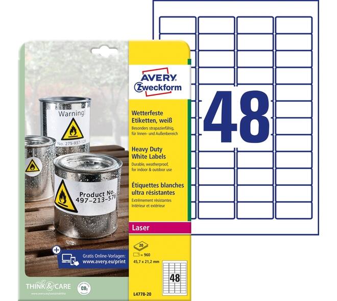 Etiket Avery L4778-20 45.7x21.2mm polyester wit 960 stuks