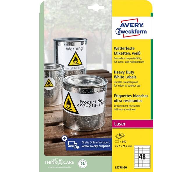 Etiket Avery L4778-20 45.7x21.2mm polyester wit 960 stuks
