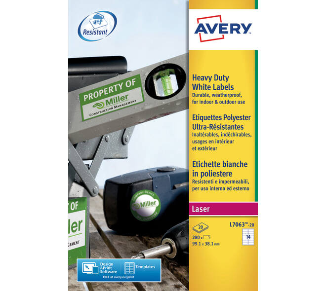 Etiket Avery L7063-20 99.1x38.1mm polyester wit 280 stuks