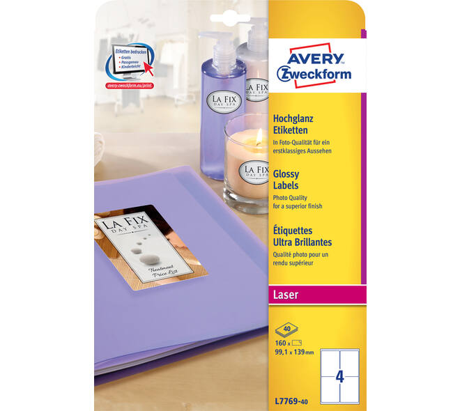 Etiket Avery L7769-40 99.1x139mm hoogglans wit 160 stuks