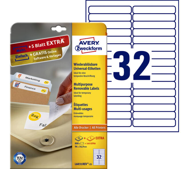 Etiket Avery L6031REV-25 96x16.9mm afneembaar wit 800 stuks