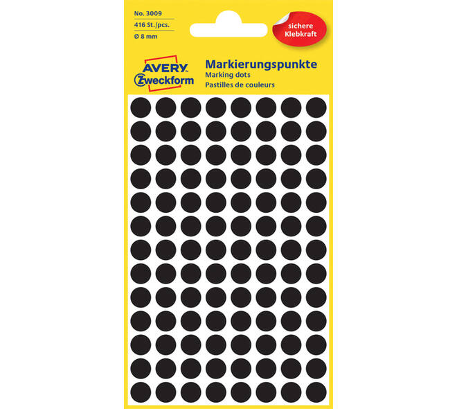 Etiket Avery 3009 rond 8mm zwart 416 stuks