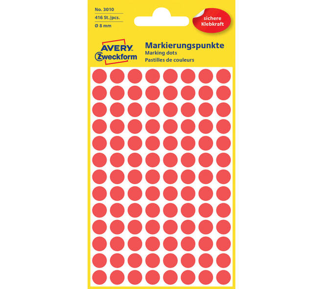 Etiket Avery 3010 rond 8mm rood 416 stuks