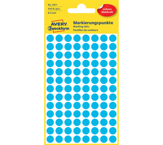 Etiket Avery 3011 rond 8mm blauw 416 stuks