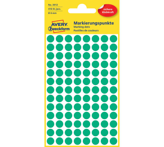 Etiket Avery 3012 rond 8mm groen 416 stuks