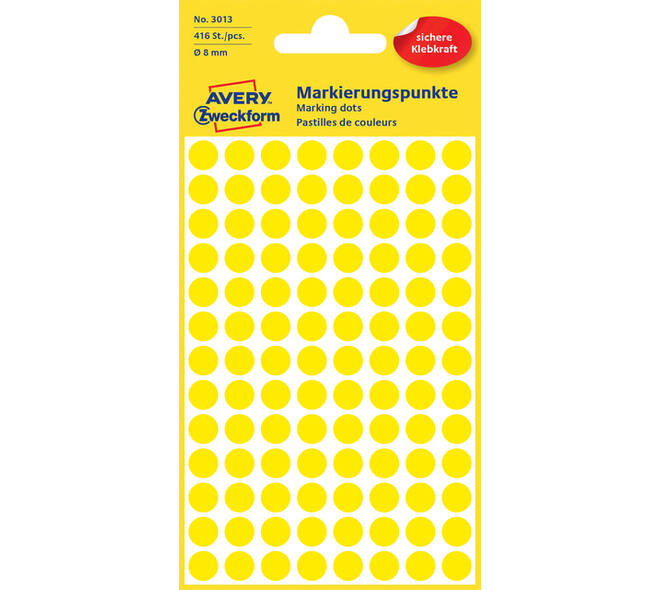 Etiket Avery 3013 rond 8mm geel 416 stuks