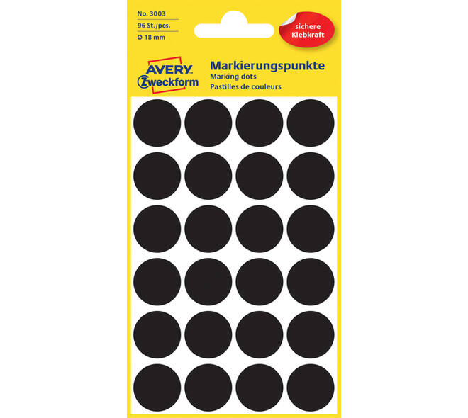 Etiket Avery 3003 rond 18mm zwart 96 stuks