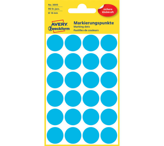 Etiket Avery 3005 rond 18mm blauw 96 stuks
