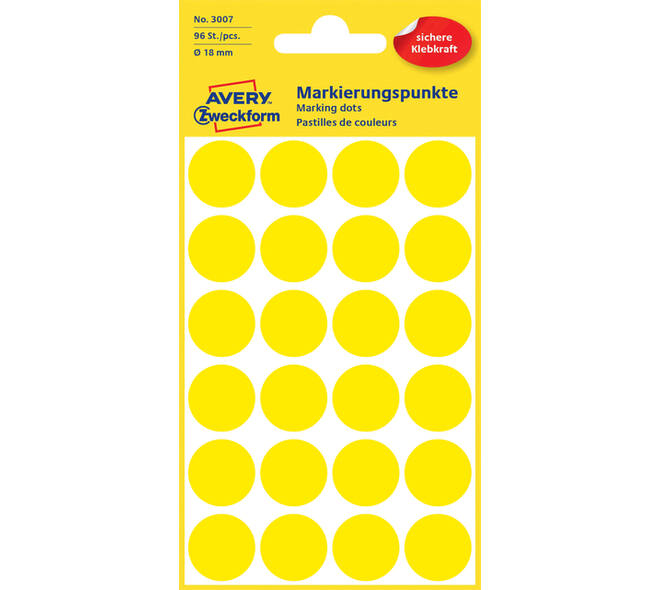 Etiket Avery 3007 rond 18mm geel 96 stuks
