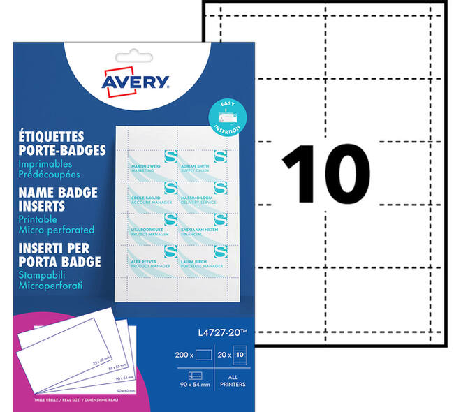 Badgekaart Avery L4727-20 54x90mm microperforatie 20 vel